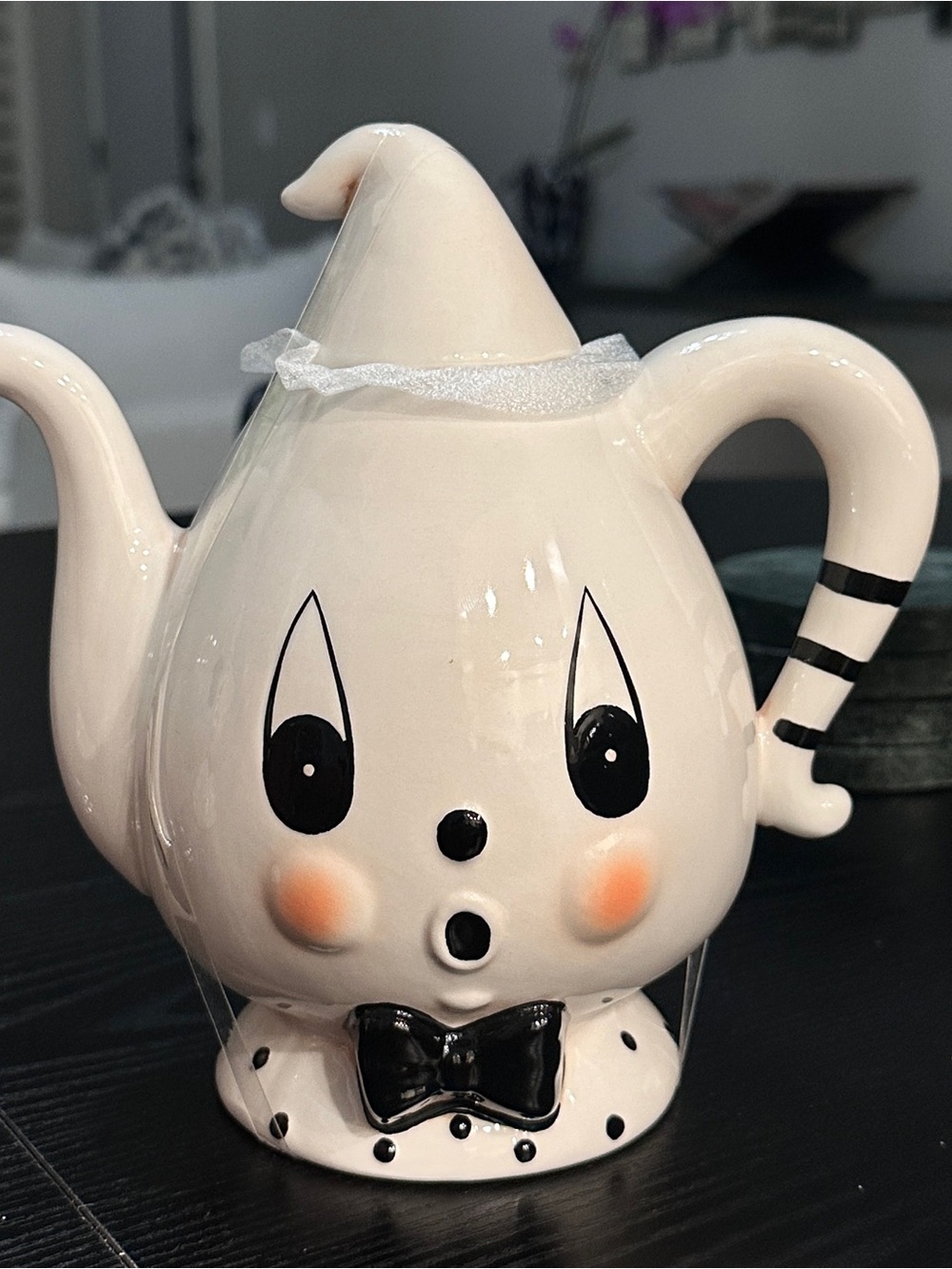 Johanna Parker Halloween White Ghost Ceramic Teapot with Black Accents